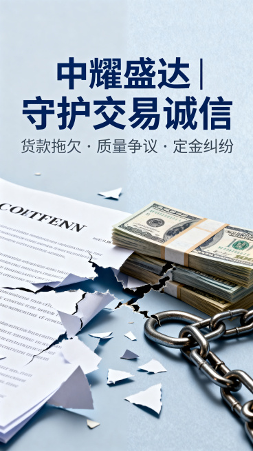 重新设计一张9:16的买卖交易法律服务宣传海报，图文结合。主标题文字"中耀盛达 | 守护交易诚信"，副标题文字"货款拖欠·质量争议·定金纠纷"，画面突出交易中合同和金钱纠纷的视觉冲突，专业沉稳的商务法预览效果