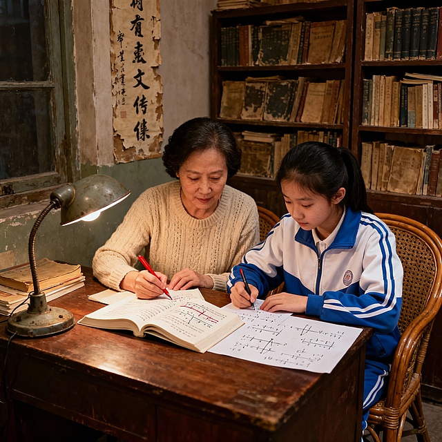 高中家长在辅导15岁的学生高中数学作业，孩子穿着校服，母子或母女，中国人面孔。帮我生成20张