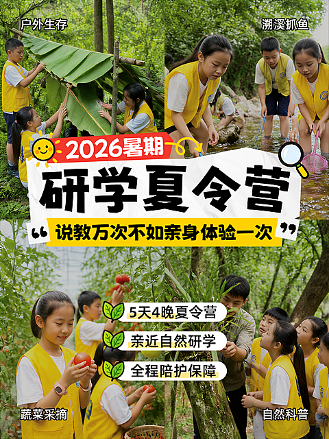 暑期夏令营兴趣班招生户外活动研学活动四宫格拼图小红书封面