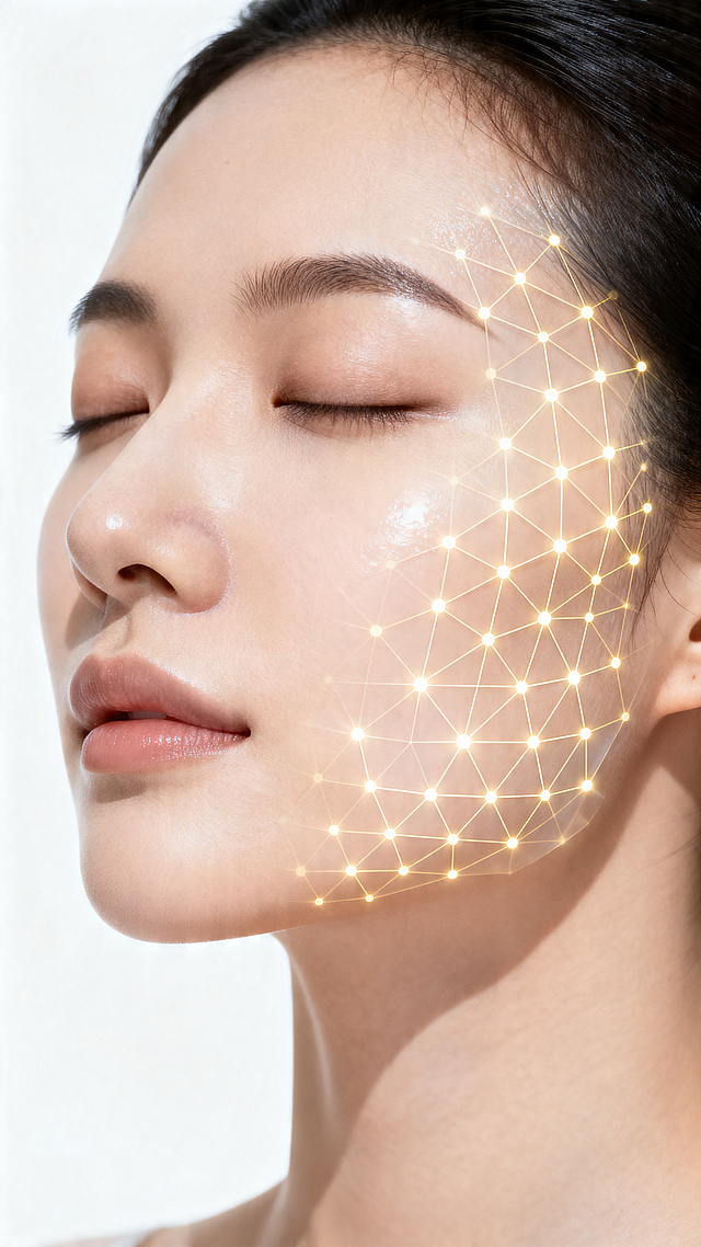 科技感与美学结合的人像特写，主体人物是一位闭着双眼的亚洲女性，面部轮廓柔和，皮肤细腻水润。在她的一侧脸颊、眼周和额头区域，覆盖着一层半透明的浅金色网格线，网格由发光的节点和线条构成，呈现出3D扫描面部建模的科技感，仿佛是数字层面的皮肤分析或结构映射。背景为纯净的白色，构图为侧面特写，聚焦于面部和颈部，整体风格融合了生物科技美学与极简人像摄影，色调柔和，以肤色和淡金色为主，光线均匀柔和，传递出精准、洁净、未来感的气质，适合医美、护肤、科技美容场景，64K高清画质
