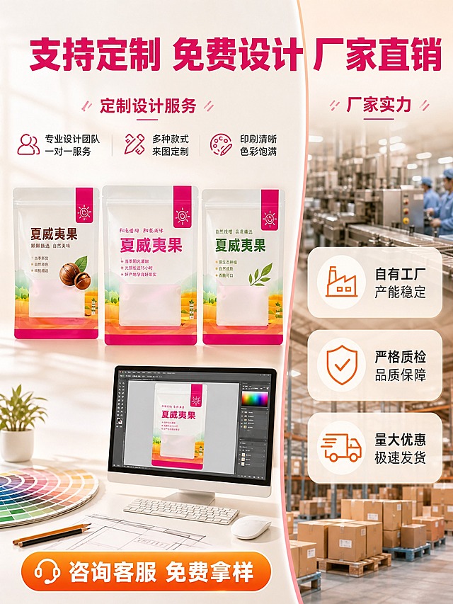 [商品] 使用【图1】自立镀铝自封包装袋；保留袋型、颜色、材质、结构所有原貌；禁止改变形状、直径、透视和颜色。本页产品作为设计服务展示的一部分。
[画面] 页面目标：定制服务与厂家实力页，突出免费设计+厂家直销+定制印刷。构图为左右分栏，左侧占60%为设计服务展示，右侧占40%为厂家实力。左侧：三袋不同印刷设计的自封袋并排展示（中间为原图夏威夷果款，左右为不同印刷风格的同款袋型，展示定制效果），旁边有电脑屏幕显示设计稿、调色板、铅笔等设计工具元素，表现免费设计服务。右侧：背景为虚化的工厂生产线和仓库货架，前景有"厂家直销""品质保障"图标组合，体现工厂实力。阅读动线从左到右：定制设计服务→厂家实力。
[视觉] 套系策略：风格=专业食品包装工业品质风+温暖食欲感；标题字=粗黑体厚重有力；正文字=常规黑体清晰易读；主色=深玫红+暖橙；背景延展=基于浅米白+暖灰做深浅层级、同色渐变和设计工作室+工厂双重质感；强调色=亮橙色，仅用于小面积图标、引线和标签；标题色=深玫红色；正文色=深灰色；组件=圆角浅底信息卡、细线引线、简约线性图标；光影=左侧设计区明亮柔和，右侧工厂区温暖工业感。
[文字] 顶部大标题"支持定制 免费设计 厂家直销"，深玫红粗黑体；左侧标注"专业设计团队 一对一服务""多种款式 来图定制""印刷清晰 色彩饱满"；右侧标注"自有工厂 产能稳定""严格质检 品质保障""量大优惠 极速发货"；底部亮橙色标签"咨询客服 免费拿样"。文字横排，分区清晰。
[规格] 图片比例3:4竖版，2K，medium质量。禁止：袋体变形、改变袋体直径、改变形状、改变透视角度、重新绘制袋体、改变主袋产品颜色、错字、模糊、水印、平台Logo、极限词、竖排文字、虚假认证。
