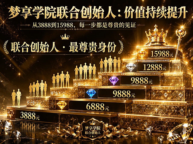 梦享学院联合创始人价值升级图，比天使会员更高档尊贵的视觉风格。画面呈现一条璀璨的金色阶梯，从下到上逐级升高，每一级都镶嵌着宝石般的光泽。台阶依次标注：3888元、6888元、8888元、9888元、12888元、15988元，每一级都比前一级更华丽尊贵。阶梯顶端有皇冠和权杖的象征，代表最尊贵的身份，上方有"联合创始人 · 最尊贵身份"的大字。阶梯旁有金色的人物剪影，数量逐级增加但更精英化。背景是璀璨的星空或金色光芒，比天使会员图更奢华大气，使用深黑金配色，有钻石、光芒、尊贵纹理等高端元素。画面上方大标题"梦享学院联合创始人：价值持续提升"，下方配文"从3888到15988，每一步都是尊贵的见证"。整体高端奢华风格，深金黑配色，质感厚重尊贵，视觉冲击力强
