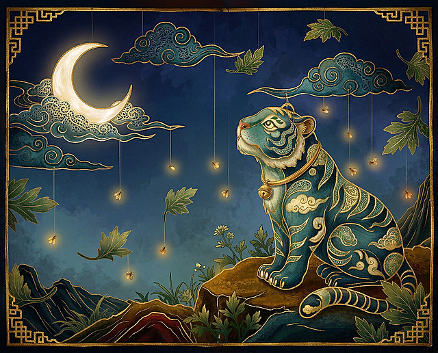 将图片风格改为中国传统皮影画风格，保留老虎、弯月、流云、萤火虫、山间植物的画面元素，保持整体构图不变，皮影的镂空纹理，边缘有金色线条装饰，色彩浓郁厚重，具有非遗皮影艺术的质感