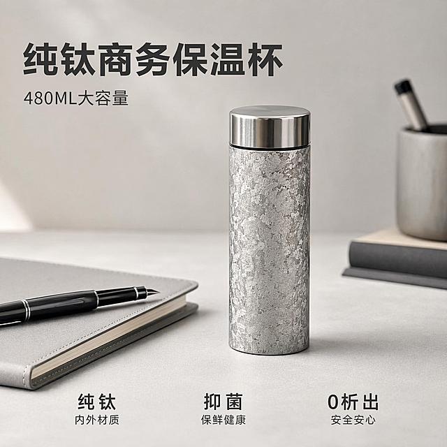 [主图-1] 纯钛商务保温杯首图，放置在简约浅色办公桌面场景。保持产品外观、物理结构、材质质感、颜色与输入产品图绝对一致，杜绝任何变形和色差，精细化处理。商品主体占比严格控制在60%-80%之间。氛围风格：商务简约高级，干净实用。画质：商业摄影质感、光线柔和通透、产品清晰真实、画面干净高级。元素：经典冰灰色纯钛保温杯居中放置，旁边搭配简约笔记本和黑色钢笔作点缀，背景为浅灰色哑光墙面，整体简洁不抢主体。光影：柔和顶侧光，突出杯身纹理金属质感，明暗过渡自然，阴影柔和不生硬。配色：主色调浅灰银，搭配深灰和黑色点缀，干净高级。视角构图：平视45度斜角，产品为视觉中心，景深适中，画面干净无边框。文字版式：左上负空间左对齐留安全边距，大字文案"纯钛商务保温杯"，深灰色最大号粗体无衬线，下方小字"480ML大容量"约半高同色。底部三列卖点，左列大字"纯钛"小字内外材质，中列大字"抑菌"小字保鲜健康，右列大字"0析出"小字安全安心，文字清晰干净，不遮挡产品主体。输出要求：1:1比例，文字清晰可辨，超高清商业摄影质感。负向提示词：人物面部，变形，文字错乱，产品图模糊，背景杂乱，水印，电商平台Logo，扭曲色差