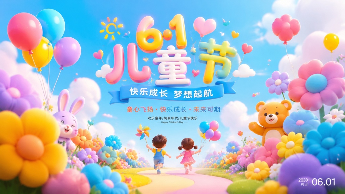 参考原图风格，重新生成儿童节横幅海报，保持蓬松可爱充气风格，彩色花朵和蓝天背景，包含六一儿童节欢乐主题预览效果