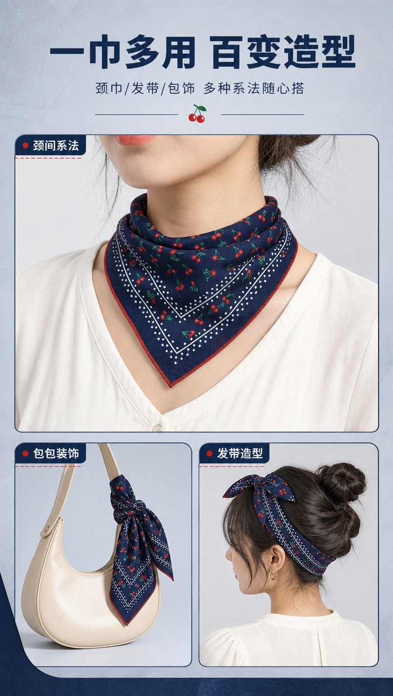 [商品] 使用【图1】藏青底红樱桃印花丝毛方巾；商品处理：保留… - 图片创意预览