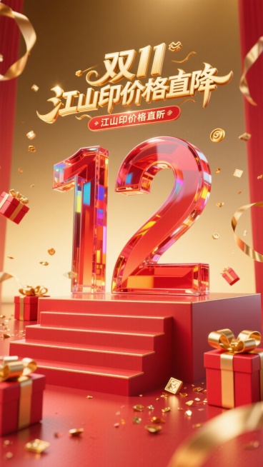 巨大的红色玻璃立体字 “12” ，上方搭配金色 “双11 江山印价格直降” 艺术字。周围环绕红金礼盒、金色丝带、碎金片、双11元素，背景为金色渐变，底部有红色阶梯展台，整体风格热烈喜庆预览效果