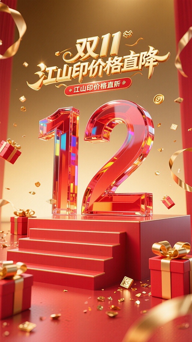 巨大的红色玻璃立体字 “12” ，上方搭配金色 “双11 江山印价格直降” 艺术字。周围环绕红金礼盒、金色丝带、碎金片、双11元素，背景为金色渐变，底部有红色阶梯展台，整体风格热烈喜庆