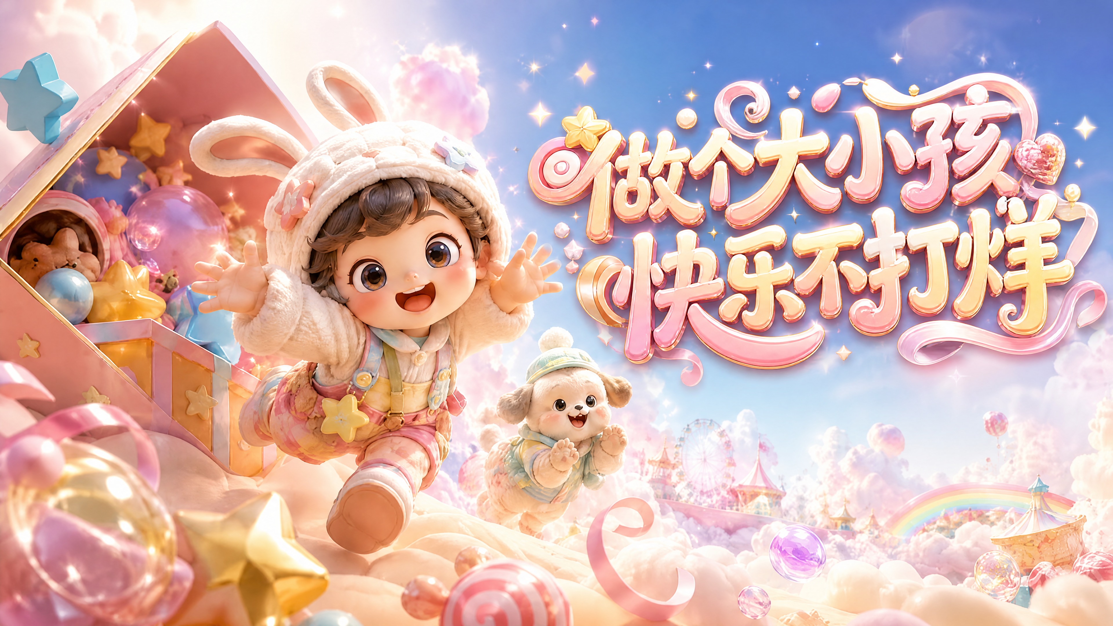 参考图中泡泡玛特风格3D潮玩KV插画，保留画面左侧的Q版兔子帽… - 图片创意预览