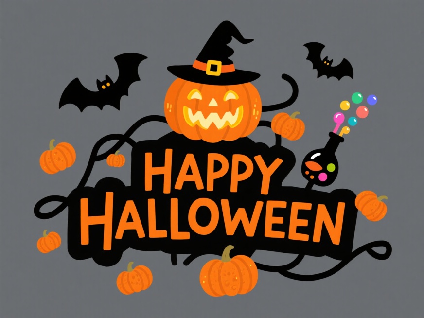 “HAPPY HALLOWEEN” 复古卡通风格字体设计，上方有戴巫师帽的南瓜灯形象，字体周围搭配小南瓜、蝙蝠、魔法瓶等元素，色彩以橙黑为主，背景为深灰色预览效果