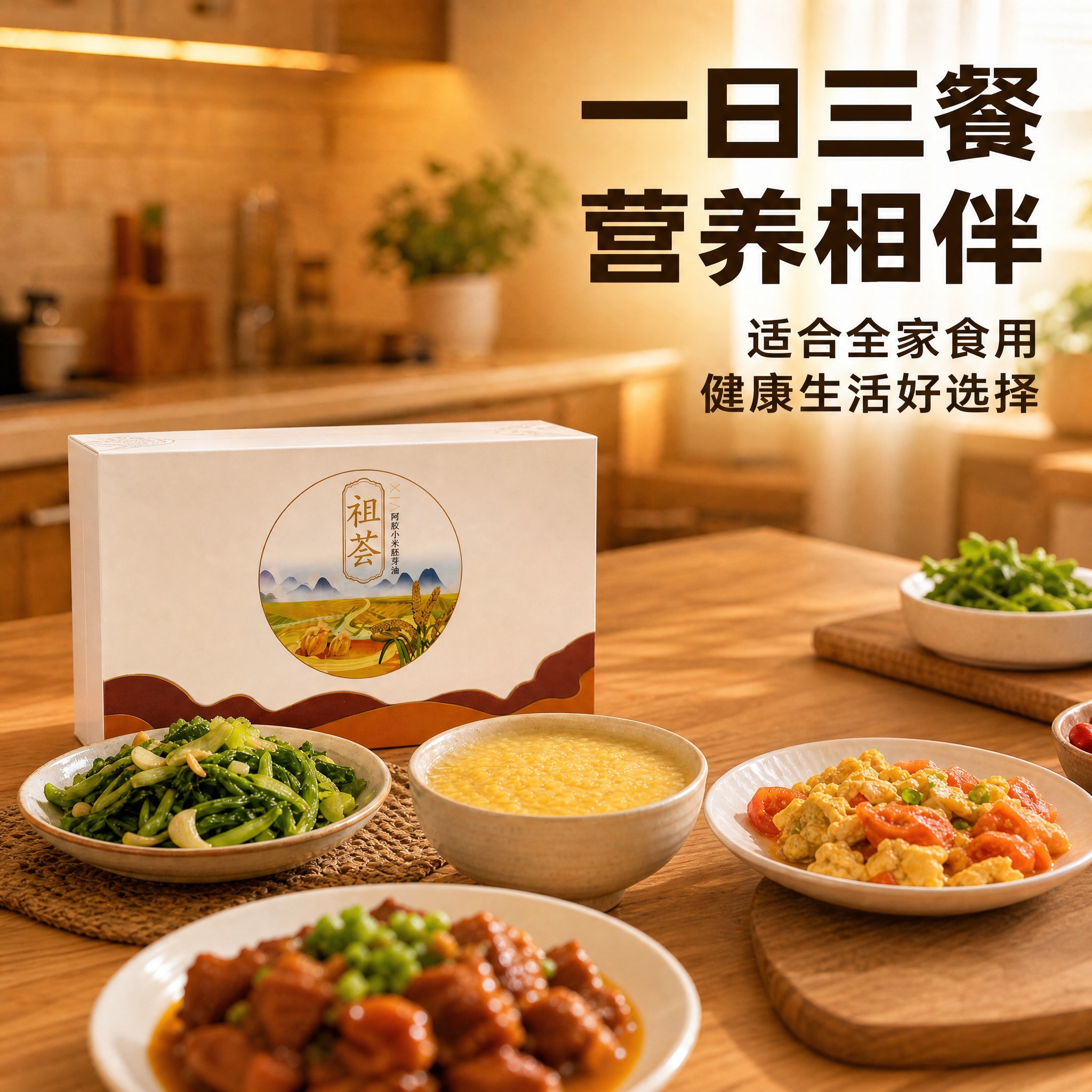 去掉画面中手持的油瓶和倒油动作 保留厨房场景 礼盒 菜肴和小米… - 图片创意预览