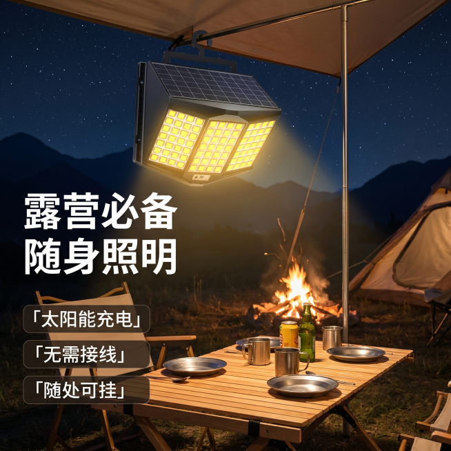 [主图 2] 夜间户外露营地悬挂的太阳能投光灯展示图。[氛围风格] 户外露营氛围感，温馨自然风格。[画质] 商业摄影质感，光线对比舒适，产品清晰真实，画面干净高级。[元素] 太阳能投光灯悬挂在露营天幕预览效果