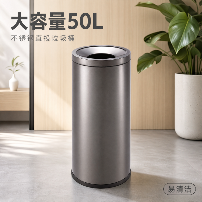 使用电商主图技能生成6张比例1:1的电商主图，适配平台为淘宝/天猫，商品为「图片1」「图片1」「图片1」「图片1」，商品卖点为大容量50L圆形直投垃圾桶，其他要求为不锈钢材质易清洁，直径380mm，高预览效果