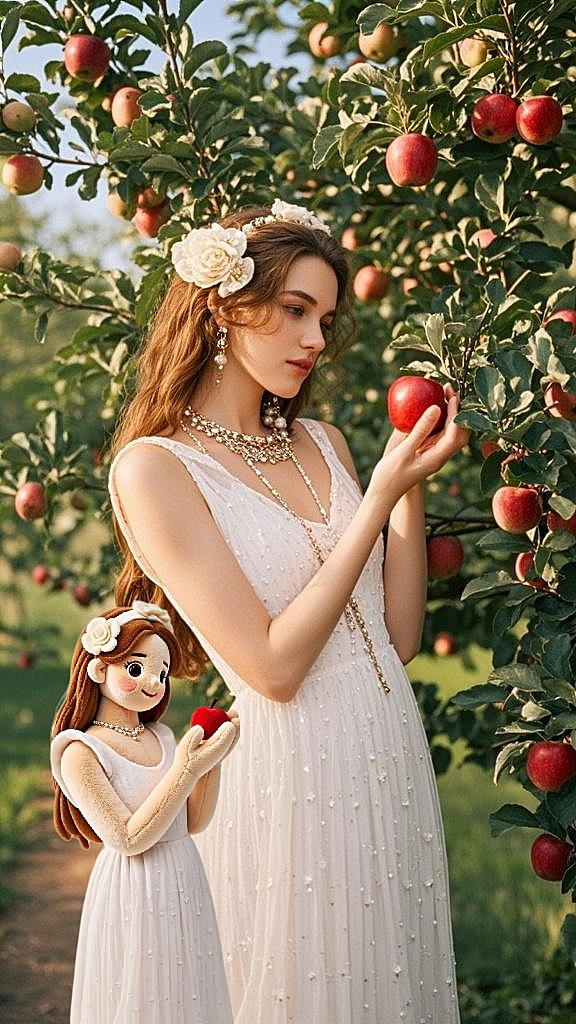 梦幻水彩风插画，少女与拟人娃娃在苹果园中，甜美优雅，超现实主义氛围。