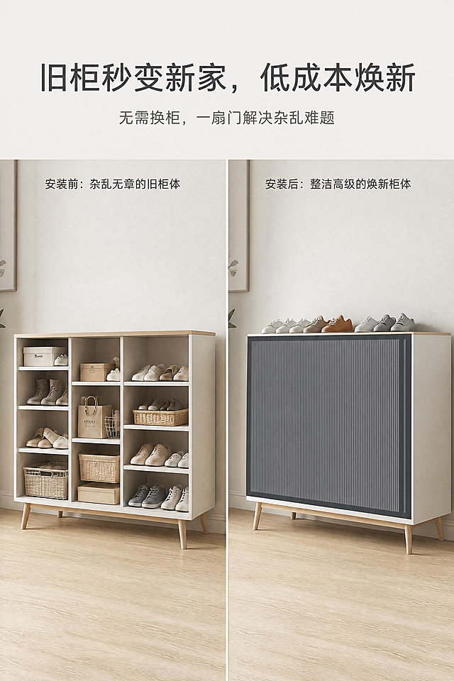[第9屏] 电商详情页效果对比屏，通用蜂巢推拉柜门旧柜焕新效果对比展示。本屏使用【图1】作为焕新后产品参考，严格还原产品外观细节，保持产品尺寸比例1:1不变。
[氛围/风格] 整体采用哑光质感风+自然治愈风，同场景对比展示，低饱和色调统一，视觉干净有冲击力。
[元素布局] 采用左右分栏排版，左侧为「安装前：杂乱无章的旧柜体」实景图，展示无柜门杂乱状态；右侧为「安装后：整洁高级的焕新柜体」实景图，展示安装本产品后的整洁效果，本产品保持原有结构和颜色；主副标题位于页面顶部居中位置。左右分栏宽度均等，对比强烈直观。
[光影质感] 左右场景光线一致统一，自然光柔和，产品安装后效果清晰突出，对比差异明显。
[配色色系] 整体色调为低饱和原木家装色系，保持产品原有配色不变，文字采用低饱和深灰配色，对比清晰，色调统一。
[视角构图] 左右对称分屏对比构图，场景视角一致，对比均衡，阅读动线从上到下流畅。
[文字版式] 页面顶部居中主标题「旧柜秒变新家，低成本焕新」，无衬线极简字体；主标题下方副标题「无需换柜，一扇门解决杂乱难题」，细体无衬线，居中对称排版，左右分栏上方标注安装前后名称，细体无衬线，字号适中，适配移动端清晰阅读。
[比例分辨率] 2:3竖版比例，4K分辨率，文字清晰可辨，超高清。
[负向提示词] 对比不协调，产品变形，颜色偏差，文字错乱，色调不统一，水印，背景杂乱