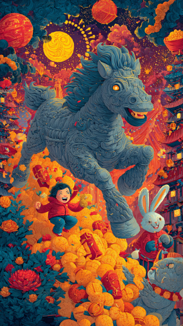 A vibrant, jubilant, and ultra-detailed Chinese New Year poster for the Year of the Horse, 9:16 aspe预览效果