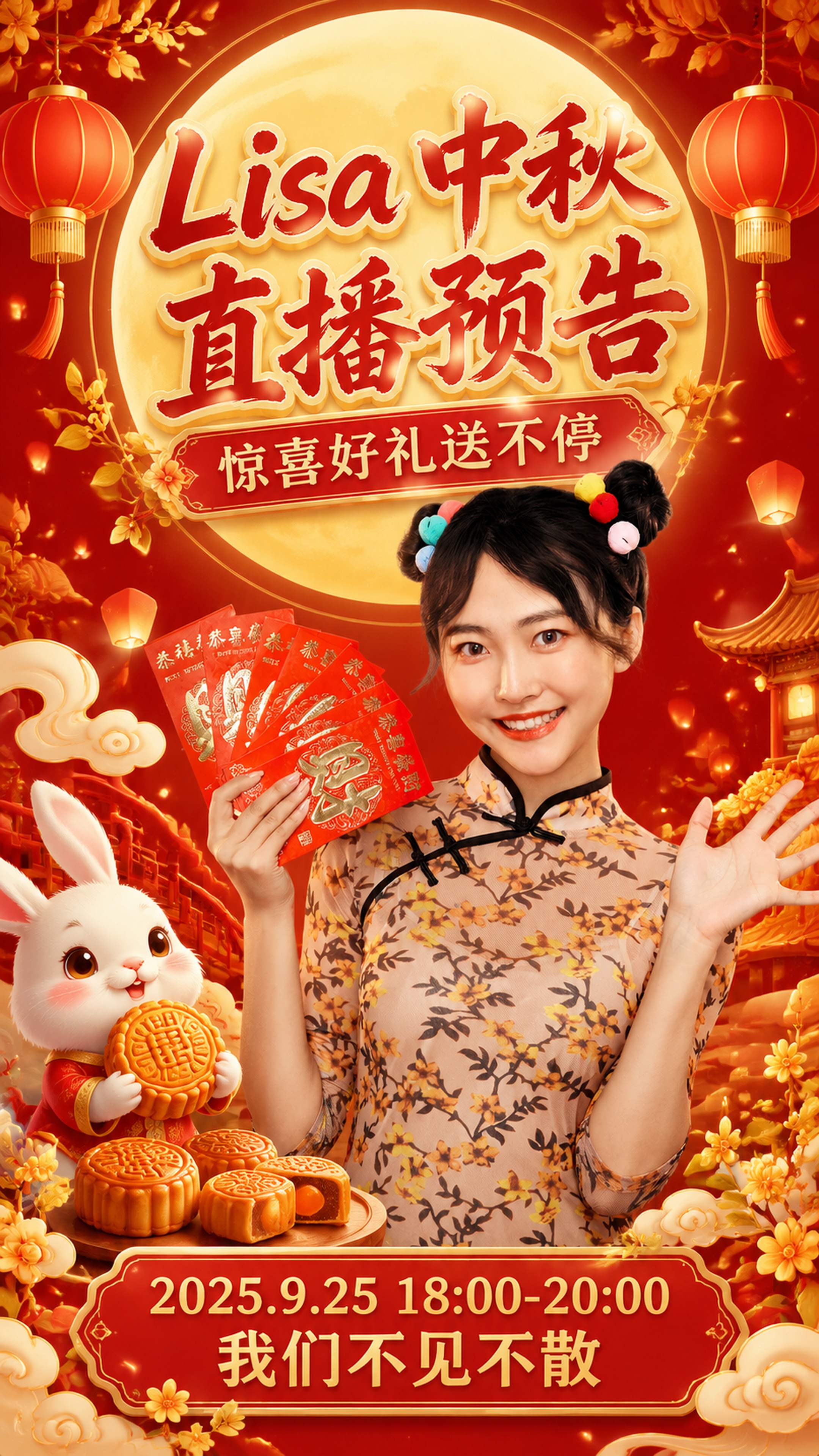 中秋节直播预告海报，国风中秋喜庆氛围，保留图中旗袍女生和红包形… - 图片创意预览