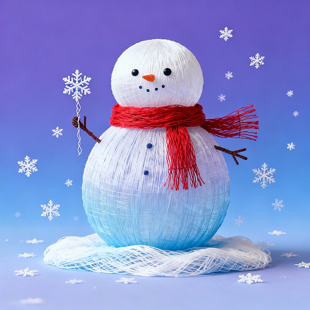 一块不规则的雪地块上，一个可爱的雪人戴着红色的围巾，手拿着一个小雪花，周边飘着雪花。背景蓝紫色纯色渐变