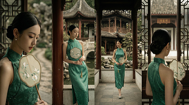 将这张四联美女旗袍图改为横向排列，去掉图片中的装饰边框，同时精细化处理照片细节，提升清晰度和质感，保留原有的绿色旗袍、新中式亭台楼阁背景、复古年代感和电影质感