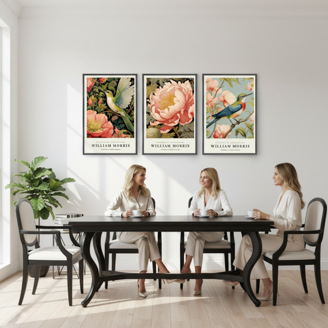 这是一套3联装饰画，不用做抠图处理，不改变装饰画的宽高比，装饰画框架颜色保持不变，这款商品在美国市场销售。主要用户群体是时尚女性，帮我生成5张场景图，分别悬挂在欧式客厅白色真皮沙发后空白墙壁、欧式黑色预览效果