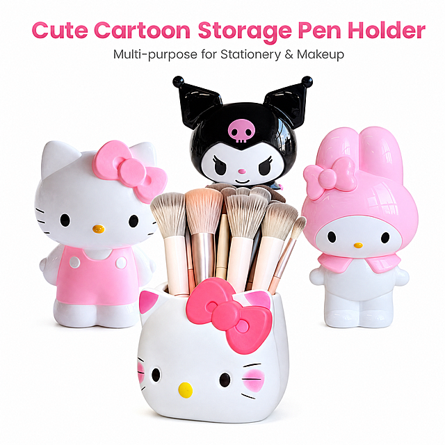 [单张主图] Cartoon Character Pen Holder, advanced minimalist style, product display main image.
[参考比对] User provided product pictures, require simple title with cartoon elements, pure white background, English version.
[画面主体] Four cute cartoon character pen holders (Hello Kitty, Kuromi, My Melody styles) as the main subject, one Hello Kitty style pen holder holds makeup brushes as usage demonstration. Keep the product appearance (physical structure, material texture, color) exactly the same as the input product pictures,杜绝任何变形和色差，精细化处理. Product subject accounts for about 80% of the picture, centered layout, full screen without border.
[构图版式] Adopt the single product centered advanced layout, product centered, title at the top, pure white background.
[场景元素] Pure white #FFFFFF background, clean and clutter-free. Hello Kitty style pen holder with makeup brushes in the foreground, three other cartoon pen holders placed naturally behind, showing the random style and multiple designs. Keep the overall picture simple and focus on product display.
[文案版式] Top center, simple title "Cute Cartoon Storage Pen Holder", large sans-serif font, dark pink color matching product bow. Small subtitle "Multi-purpose for Stationery & Makeup" below title, smaller font, gray color. No other marketing text, comply with cross-border e-commerce main image norms, all text in English.
[光影质感] Commercial photography texture, soft and bright natural top light, with soft side fill light. Clear product outline, soft projection at the bottom, bright and transparent picture, high definition, clean and advanced.
[配色字体] Main background pure white, main title color product pink, auxiliary text light gray. Font uses modern bold sans-serif, clear level, main title larger, subtitle smaller, clear contrast.
[比例分辨率] 1:1 ratio, 2K resolution, text clear and recognizable, ultra high definition.
[负向提示词] Deformation, watermark, text disorder, blurred product image, messy background, Chinese characters, marketing text, non-product logo, occlusion.