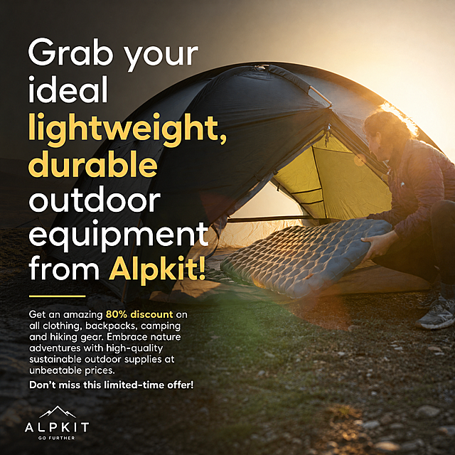 以这张户外帐篷露营图片为基础，在图片上添加英文文案："Grab your ideal lightweight, durable outdoor equipment from Alpkit! Get an amazing 80% discount on all clothing, backpacks, camping and hiking gear. Embrace nature adventures with high-quality sustainable outdoor supplies at unbeatable prices. Don't miss this limited-time offer!"，生成一张正方形的英语宣传图，整体设计简洁，不需要太多装饰性元素，保留原图片的户外露营场景氛围