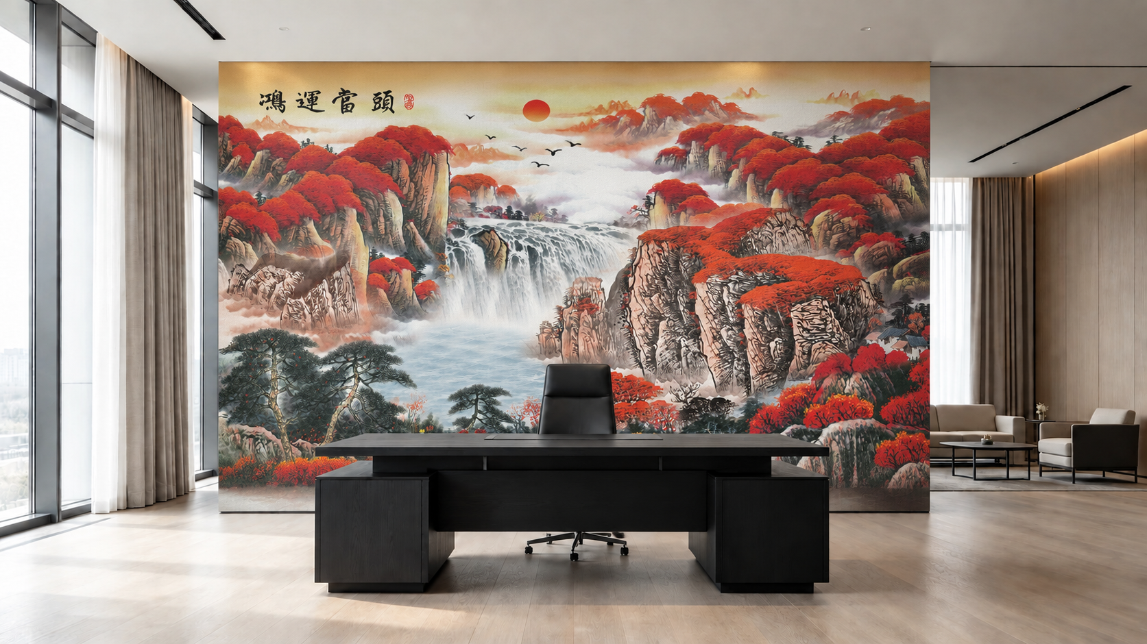 将第二张图的鸿运当头刺绣硬包背景墙图案，完整贴到第一张办公室场… - 图片创意预览