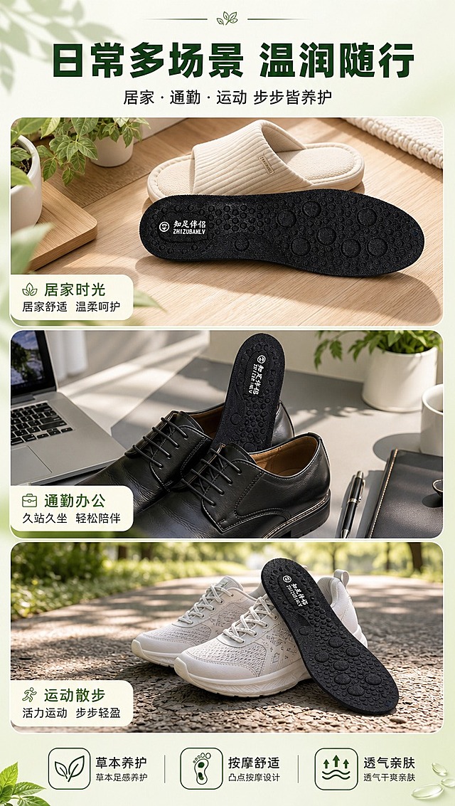 [商品] 使用【图1】黑色本草多维鞋垫；保留整体结构、按摩凸点、Logo与黑色底色，做清晰化处理，不改变版型。
[画面] 页面目标：展示多场景日常使用氛围，增强代入感。多场景拼图型构图，画面分为上下三格场景：①居家拖鞋场景（鞋垫放入居家鞋旁，木地板+绿植背景）②通勤皮鞋/运动鞋场景（鞋垫放入鞋内，办公桌一角背景）③户外运动散步场景（鞋垫与运动鞋，公园步道背景）；每格配短标签说明适用场景；顶部统一标题区。
[视觉] 套系策略：风格=草本自然温润商业摄影风（新中式轻养生）；标题字=粗黑体（思源黑体Heavy）；正文字=常规黑体（思源黑体Regular）；主色=深墨绿+米白；背景延展=基于米白与浅绿做同色系渐变、柔光质感与植物投影层次；强调色=暖金色，仅用于小面积图标、引线端点和标签点缀；标题色=深墨绿；正文色=深炭灰；组件=圆角浅绿信息卡、细墨绿引线、草本图标；光影=左前侧暖柔光，柔和自然阴影。
[文字] 顶部主标题"日常多场景 温润随行"，副标题"居家·通勤·运动 步步皆养护"；每格场景配场景名称短标签，文字横向排版于格内上方或下方。
[规格] 图片比例9:16竖版，4K分辨率，淘宝/天猫详情页适配；负向提示：避免变形、错字、文字过小、除臭抑菌词、医疗功效承诺、绝对化用语、人物面部模糊。