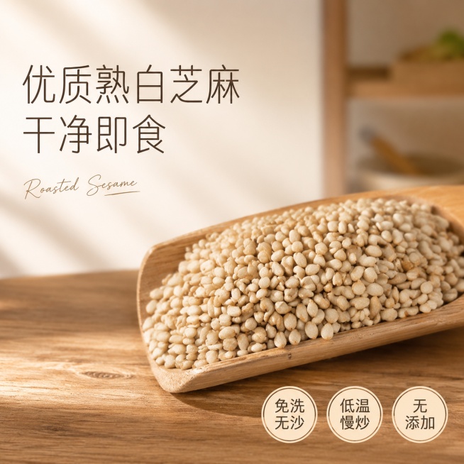 [单张主图] 熟白芝麻，高级氛围感主图，突出产品纯净品质与自然食欲感，适配抖音电商平台。
[画面主体] 竹勺盛放的熟白芝麻，保持芝麻的颗粒形态、颜色和质感与输入产品图绝对一致，杜绝任何变形和色差，精细预览效果