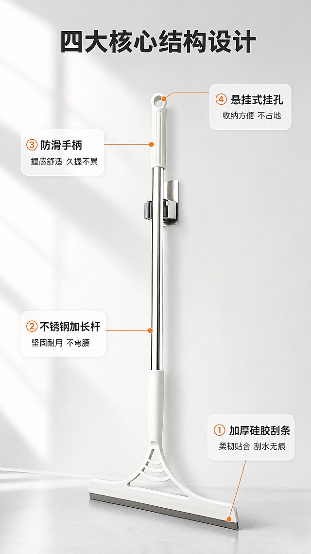 [商品] 使用【图1】白色魔术扫把（硅胶地刮）；保留白色手柄挂孔、银色不锈钢杆、白色T型支架、灰色硅胶刮条的完整结构与颜色；产品竖直居中展示全貌。
[画面] 第3张·结构解析·引线标注型；目标展示产品核心结构与用户收益；产品竖直居中占画面约55%，左右两侧用细线引出关键部位标注；背景为浅灰渐变+柔和光影；简洁干净的产品展示页。
[视觉] 套系策略：风格=简约干净家居清洁商业摄影风；标题字=粗黑体；正文字=常规黑体；主色=白色+浅灰；背景延展=基于白/浅灰做深浅层级、同色渐变和细腻哑光质感；强调色=暖橙色，仅用于小面积图标、引线、标签或局部光效；标题色=深炭灰；正文色=中灰；组件=圆角浅底信息卡、细线引线、橙色小圆点标注；光影=左前侧明亮柔光，产品立体感强。
[文字] 顶部主标题"四大核心结构设计"；左侧2条引线标注：①"加厚硅胶刮条 柔韧贴合 刮水无痕"指向刮条，②"不锈钢加长杆 坚固耐用 不弯腰"指向杆身；右侧2条引线标注：③"防滑手柄 握感舒适 久握不累"指向手柄，④"悬挂式挂孔 收纳方便 不占地"指向顶部挂孔；所有文字横排，引线不交叉。
[规格] 图片比例9:16竖版，4K，避免变形、错字、文字过小、引线杂乱、产品比例失调。