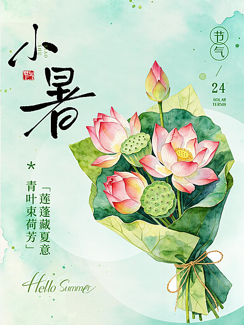 小暑二十四节气祝福青绿雅致夏日荷花花束小红书封面