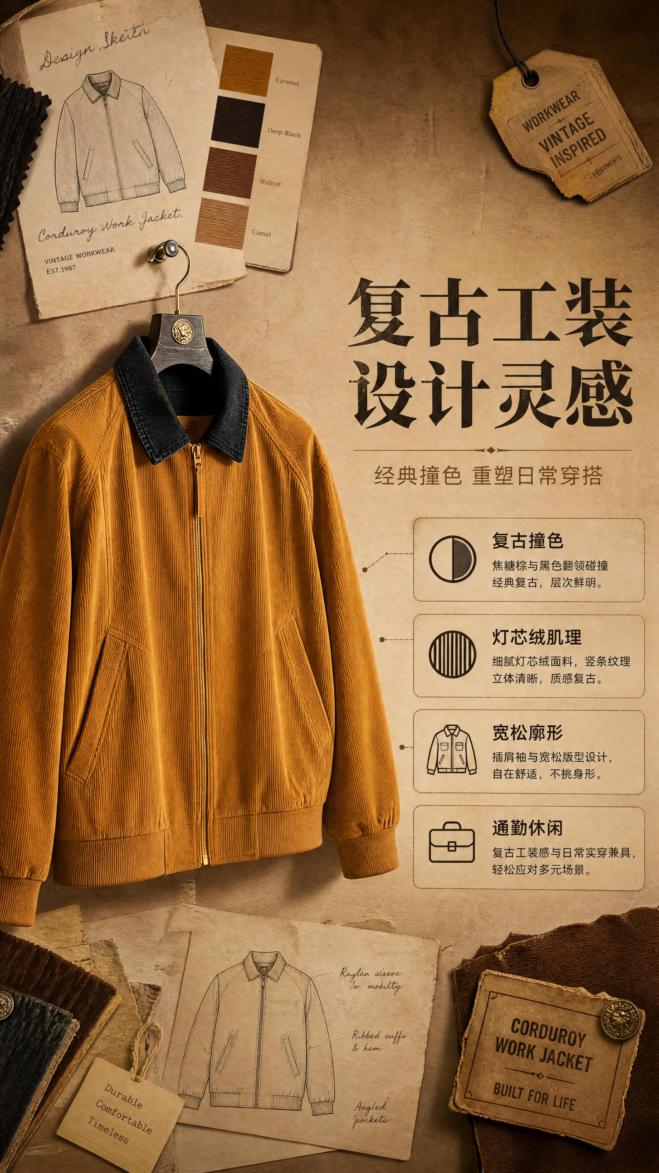 [商品] 使用【图1】焦糖棕撞黑领灯芯绒夹克；商品处理：保留撞… - 图片创意预览