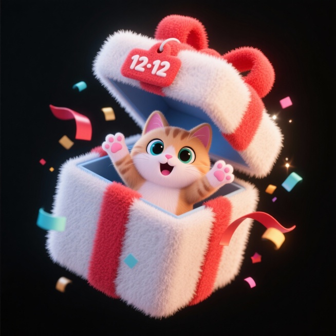 画面中心为一个可爱的礼盒，礼盒被一只可爱的小猫顶开顶盖，小猫大大的水润的眼睛，粉嫩的爪子，幼猫，小猫看向镜头，小猫开心的表情张开两只爪子惊喜的动作，小猫在盒子里，没有尾巴，“12·12”标签挂在礼盒上预览效果
