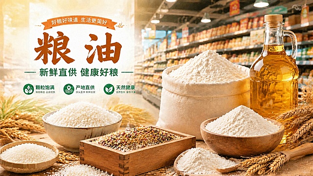 修改海报，将图片下方木质框里原来的大米替换为彩色混合的五谷杂粮，保留其他所有文字、产品、布局和超市促销风格不变，文字保持：主标题"粮油"，副标题"新鲜直供 健康好粮"，卖点"颗粒饱满" "产地直供" "天然健康"，保持暖调自然光线和整体质感一致