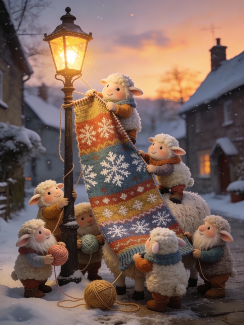 暮色里，白雪皑皑的乡村街道充满迷人氛围，街道上一群可爱的、毛绒绒触感的侏儒与羊混合体的神话生物，正围着一盏古老路灯共同编织一件带有雪花图案的巨大彩色毛衣，部分生物拿着纱线球，还有些爬到朋友毛茸茸背上以预览效果