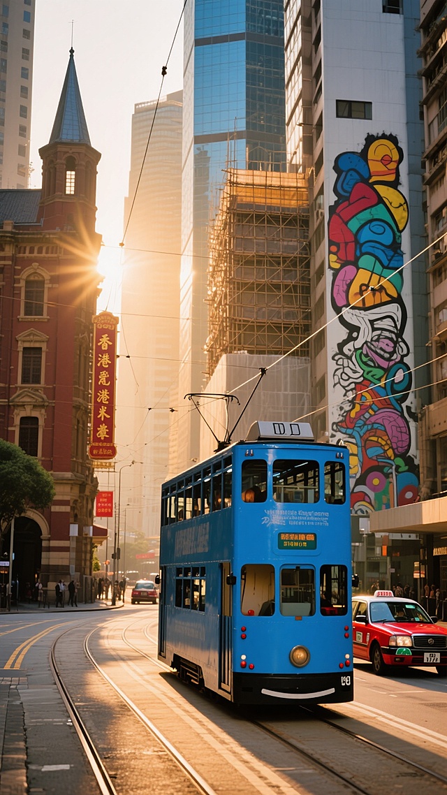 写实风格的香港城市街景背景，温暖的午后阳光从高楼间斜射而下，为画面镀上一层暖金色调，光线柔和，阴影清晰自然。前景是行驶在轨道上的蓝色双层叮叮车，车身细节丰富，车窗明亮，车顶有电线连接。背景是融合了历史与现代感的建筑群，左侧是带有尖顶塔楼和竖排中文招牌的红褐色古典建筑，右侧是装饰有大型彩色涂鸦壁画的现代高楼，中间穿插着正在施工的脚手架建筑。街道上有行驶的红色出租车，路面干净，有清晰的车道线和轨道痕迹，整体构图饱满，充满层次感和生活气息，色彩以暖棕、蓝色、红色为主，和谐统一，展现出香港独特的城市风貌与繁忙而有序的氛围。