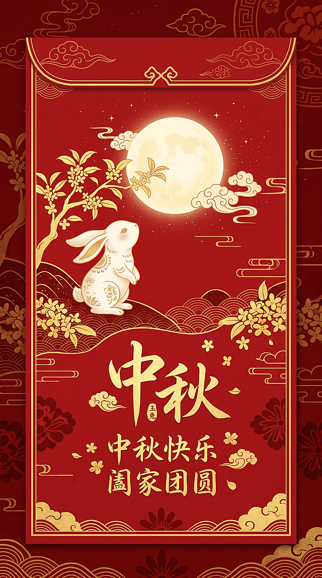 中秋主题简易红包封面，红色喜庆背景，玉兔望月，传统纹样，中间有中秋字样，简约国风设计