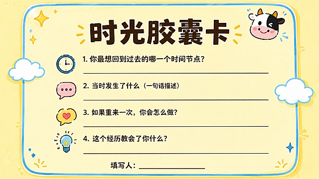明亮奶黄色卡通风格竖版时光胶囊填写卡片，参考图2的版式：整体为奶黄色底带浅蓝色圆角边框，左上角点缀星星，左右侧装饰云朵，右上角加一个可爱小牛头像，主标题为加粗大字"时光胶囊卡"，竖向排列四个填写问题，每个问题带对应小图标（时钟、对话气泡等），每个问题下方预留横线供现场填写，四个问题依次是：1. "你最想回到过去的哪一个时间节点?"；2. "当时发生了什么（一句话描述）"；3. "如果重来一次，你会怎么做?"；4. "这个经历教会了你什么?"，所有文字正确无错字，底部预留"填写人: ____________"横线区域，整体版式活泼可爱，文字清晰，预留充足书写空间，配色温暖明亮，符合卡通手绘风格，画面干净，版式精美。