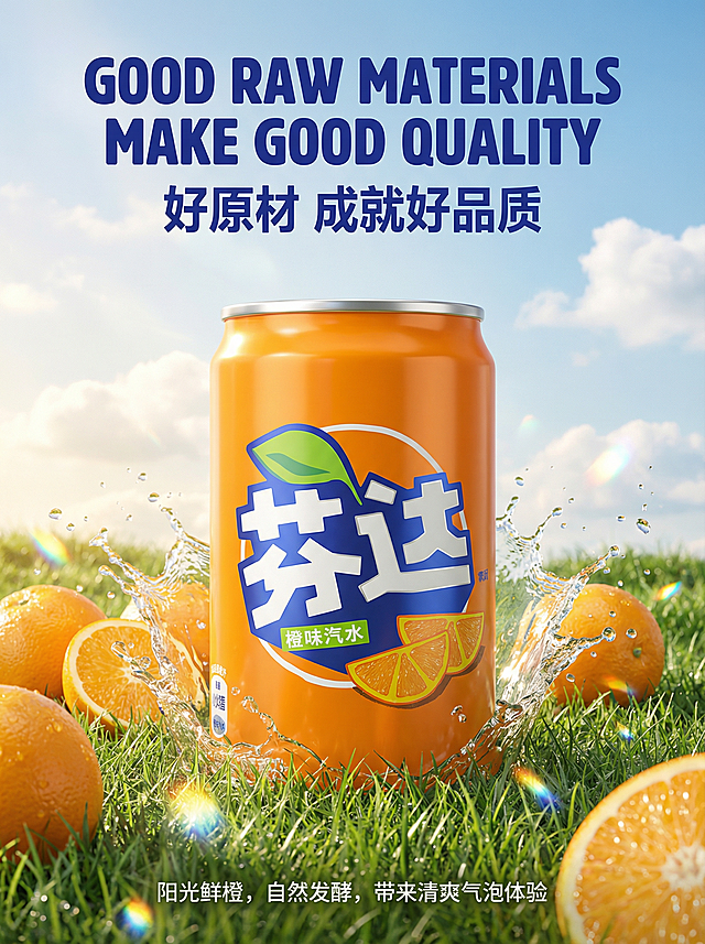 高端商业产品海报，主体为一罐200ml迷你装芬达橙味汽水，高光泽橙色金属罐身，银色罐口与罐底呈现细腻反光。罐身正面是蓝白渐变的立体“芬达”Logo，上方点缀一片半透明的绿色叶片，下方以黄绿渐变字体标注“橙味汽水”，右侧搭配两片新鲜橙片切片。罐子置于翠绿的草地上，周围散落着完整和切开的新鲜橙子，背景是澄澈的蓝天与蓬松白云，飞溅的水珠在阳光折射下闪烁着细碎光斑。柔和的自然光营造出丰富的明暗层次，整体画面色彩明快饱和，既保留芬达的活力感，又传递出“好原料成就好品质”的天然健康氛围，视觉焦点突出，品牌识别度高。高端商业产品海报，主体为一罐200ml迷你装芬达橙味汽水，置于翠绿草地与新鲜橙子之间，背景是蓝天白云与飞溅的水珠。画面顶部用深蓝色加粗字体写着“GOOD RAW MATERIALS MAKE GOOD QUALITY”，下方搭配中文“好原材 成就好品质”，底部小字标注“阳光鲜橙，自然发酵，带来清爽气泡体验”。整体风格清新自然，色彩明快饱和，既突出芬达的活力品牌调性，又传递天然健康的产品理念。