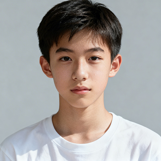 写实人像摄影，干净少年，白色T恤，浅灰背景，正面特写，光影柔和，细节逼真