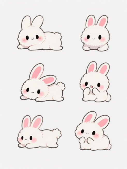 一系列规整排列的六只可爱卡通小兔子，每只兔子都有不同的动作姿态，包括趴着、坐着、双手抱脸、歪头等，保持原有的Q版日系动漫风格，白色绒毛质感，粉红色内耳和脸颊红晕，黑色圆眼睛，简洁的线条勾勒，白色背景，整体呈现出可爱治愈的氛围，动作多样且排列整齐有序。预览效果