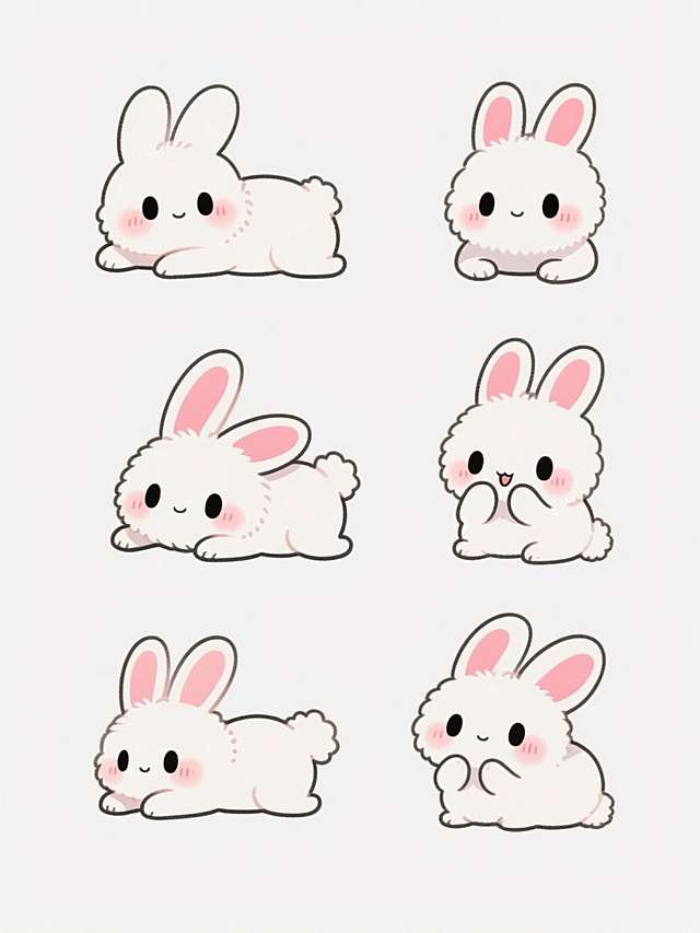一系列规整排列的六只可爱卡通小兔子，每只兔子都有不同的动作姿态，包括趴着、坐着、双手抱脸、歪头等，保持原有的Q版日系动漫风格，白色绒毛质感，粉红色内耳和脸颊红晕，黑色圆眼睛，简洁的线条勾勒，白色背景，整体呈现出可爱治愈的氛围，动作多样且排列整齐有序。