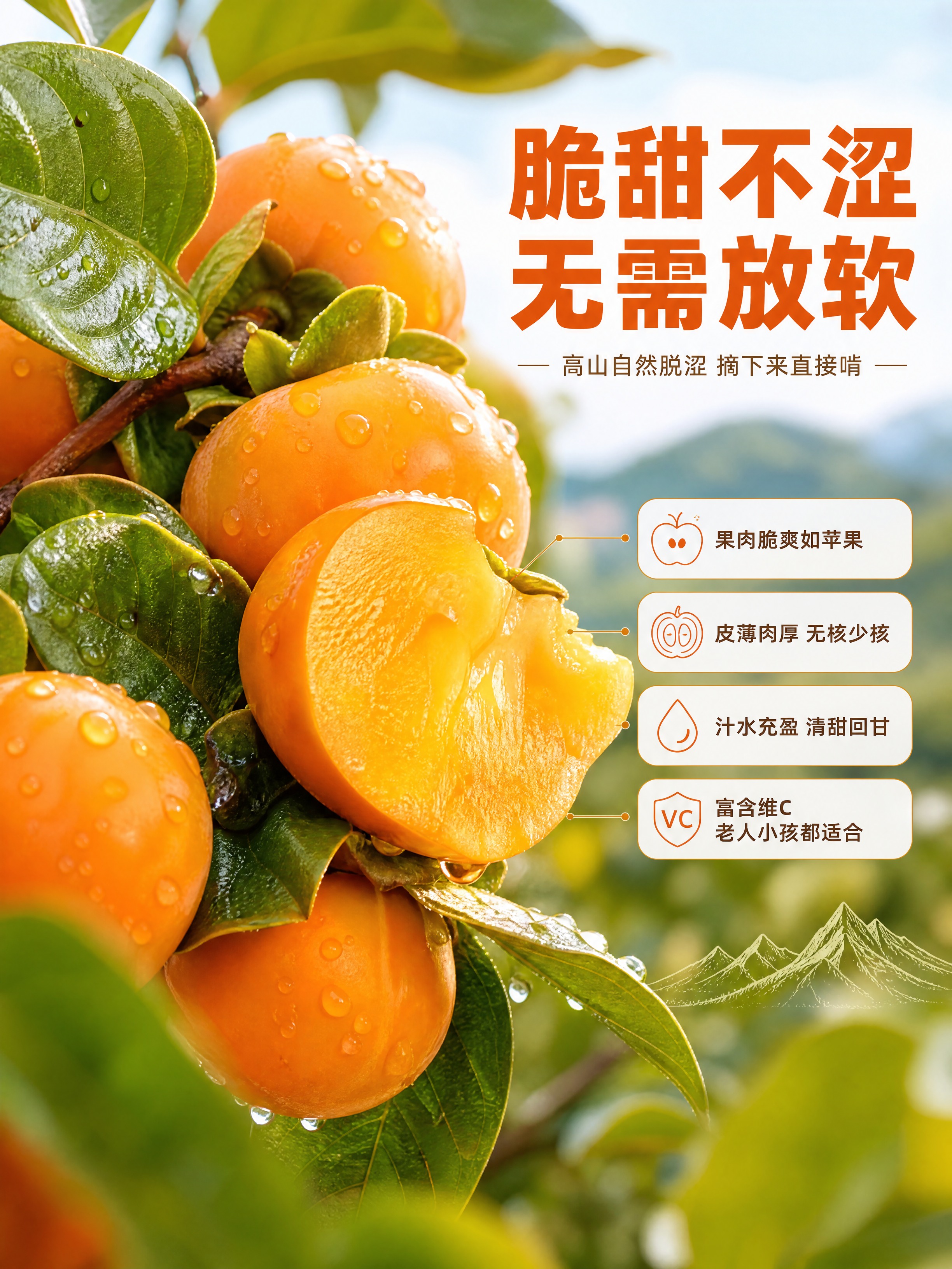 [商品] 使用【图1】近景脆柿挂枝特写，橙黄圆润果实带水珠、深… - 图片创意预览