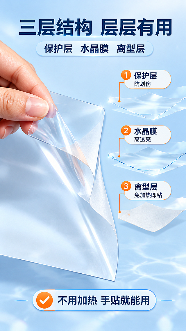 [第3张] 结构解析：保护层/水晶膜/离型层三层引线拆解。
[商品] 使用【图97】A4高透水晶膜；保留透明高光膜体、A4片状、边缘整齐；展示揭开一角的结构层次。
[画面] 左侧产品图：透明水晶膜掀起一角，露出下方离型层，三层结构在边缘处清晰可见；右侧用爆炸分层示意+细线引线标注三层：「保护层 防止划伤」「水晶膜 高透增亮」「离型层 撕开即粘」；背景浅蓝白渐变，产品占画面约55%，微距中景，阅读动线左产品→右结构图；下方一条过程说明小条「三层一体 到手即用」。
[视觉] 套系策略：风格=拼多多功能型详情页，直白大字报；标题字=粗黑体；正文字=简洁黑体；主色=清澈水蓝；背景延展=浅蓝白渐变+水晶光斑，清透不花；强调色=暖橙，仅用于小面积标签和引线重点；标题色=深蓝黑；正文色=深灰蓝；组件=圆角浅底信息卡、细线引线、编号；光影=左前侧柔光。
[文字] 顶部主标题「三层结构 层层有用」副标题「保护层 水晶膜 离型层」；三层引线分别标注「保护层 防划伤」「水晶膜 高透亮」「离型层 免加热即粘」；底部小标签「不用加热 手贴就能用」；文字横排清晰。
[规格] 比例9:16竖版，4K，避免变形、错字、文字过小、模糊、杂乱、水印、平台Logo、冷蓝灰压抑、产品颜色改变、膜体结构失真、分层示意混乱。