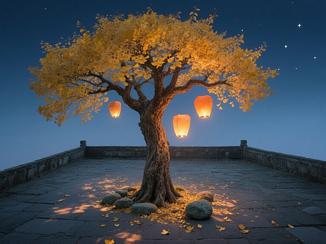 中景俯拍，一株苍劲的百年银杏矗立在青石庭院中央，灰褐色树干上布满岁月刻痕的纹理，分枝如虬龙般向四周舒展成圆满的伞状树冠。扇形叶片正经历着季节的魔法，从树冠边缘开始呈现金黄渐变，阳光穿透叶隙在地面织就斑驳的光影。树干基部散落着几片早落的金叶和圆润的青石，三只孔明灯正从树冠间缓缓升起，其中一只的烛火在叶片间投下温暖摇曳的光斑，背景是渐变的靛蓝夜空，几颗疏星点缀其上。整体色调融合了银杏的琥珀金、夜空的靛蓝与孔明灯的暖橙，营造出中秋夜特有的静谧团圆氛围。