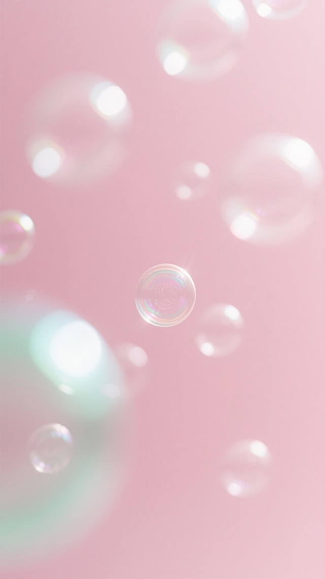 微距视角，柔和漫反射光线均匀笼罩，纯净粉色系渐变背景从中心浅粉自然晕染至深粉，左下角一抹清新薄荷绿点缀，极度模糊散景营造磨砂玻璃朦胧感，背景中大小自然分布的模糊圆形光斑似清晨阳光里的梦幻肥皂泡，极简诗意，宁静温柔，干净且符合现实逻辑的背景素材用提示词。