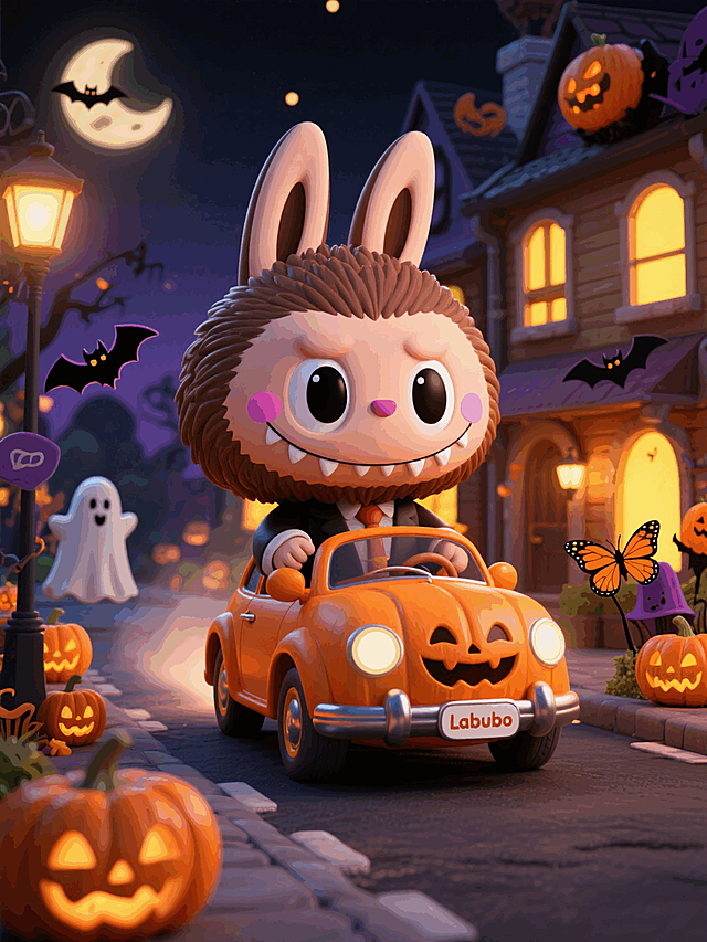 labubu驾驶着橙色南瓜造型的小车，夜晚的小镇街道，点缀南瓜灯、幽灵、蝙蝠、蝴蝶元素，房屋透出暖黄色灯光，万圣节氛围