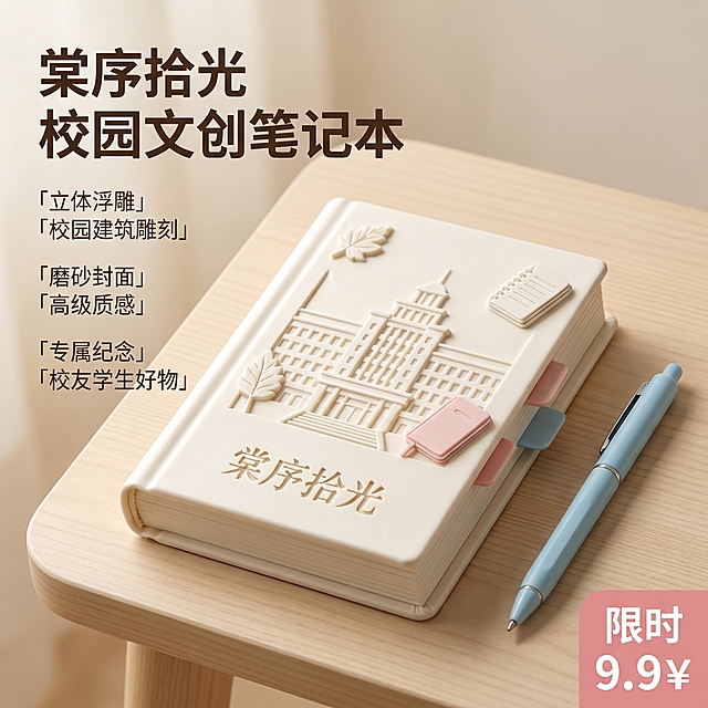 [主图 1] 首图展示棠序拾光浮雕文创笔记本。氛围风格：清新简约文艺风，适配校园文创产品氛围感。画质：商业摄影质感，光线柔和通透，产品清晰真实，画面干净高级。元素：米白色立体浮雕笔记本居中展示，保持产品外观（物理结构、材质质感、颜色）与输入产品图绝对一致，杜绝任何变形和色差，精细化处理。产品放置在浅米色原木桌面上，简约干净，搭配一支浅蓝色钢笔作为装饰，自然不抢主体。商品主体占比严格控制在 65% 左右，画面满屏无边框。立体浮雕工艺突出展示校园建筑雕刻细节，质感细腻。光影：柔和侧顶光为主光，提亮浮雕轮廓，桌面环境反射做辅光，高光过渡自然，暗部有层次，整体通透温润不暗沉。配色：主色调米白浅木色，辅助浅蓝色柔粉色，清新干净。视角构图：平视四分之三视角，产品居中，景深自然，轮廓完整不裁切。文字版式：左上负空间左对齐留安全边距，大字文案为"棠序拾光 校园文创笔记本"，深棕色粗体无衬线最大字号；下方依次列三个卖点：第一点「立体浮雕」「校园建筑雕刻」，第二点「磨砂封面」「高级质感」，第三点「专属纪念」「校友学生好物」，每个卖点分两行，字号缩小一半同色系。右下角放置促销价格标签，浅粉色块白字写着"限时 9.9￥"，突出醒目不遮挡主体。文字与背景对比清晰，全部保留安全边距。比例分辨率：1:1 比例，2k 分辨率，文字清晰锐利，画面超高清。负向提示词：变形，水印，文字错乱，产品图模糊，背景杂乱，文字遮挡主体。