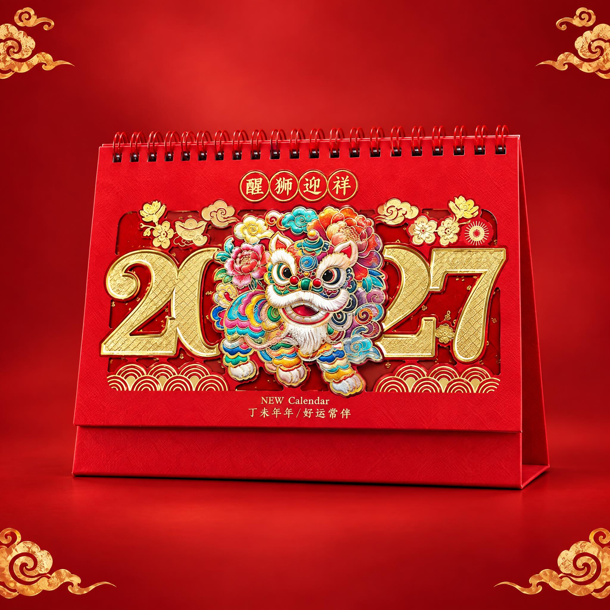 从这张四宫格图中提取左上的醒狮迎祥款台历，单独生成一张选品图。… - 图片创意预览
