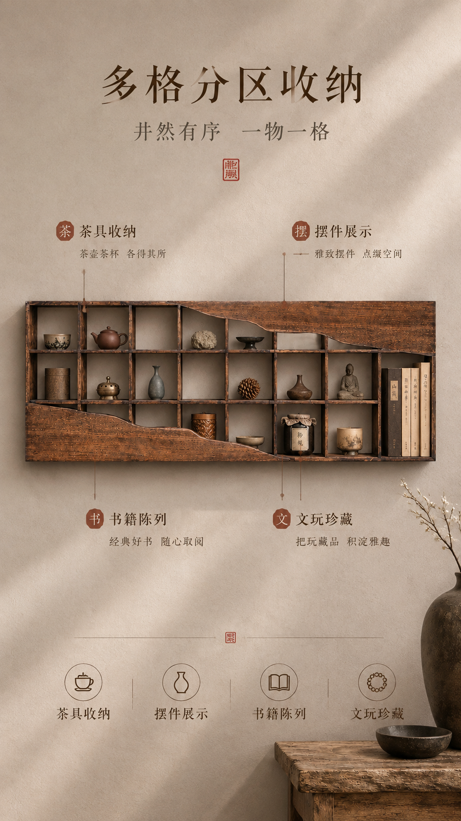 [商品] 使用【图1】老榆木挂壁架；保留三排多格收纳结构、格子… - 图片创意预览